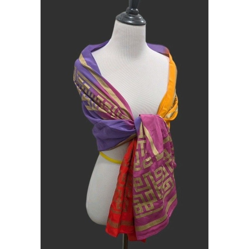 Vintage Mary McFadden Worldly Treasures Silk Scarf Metallic Gold Greek Key Print